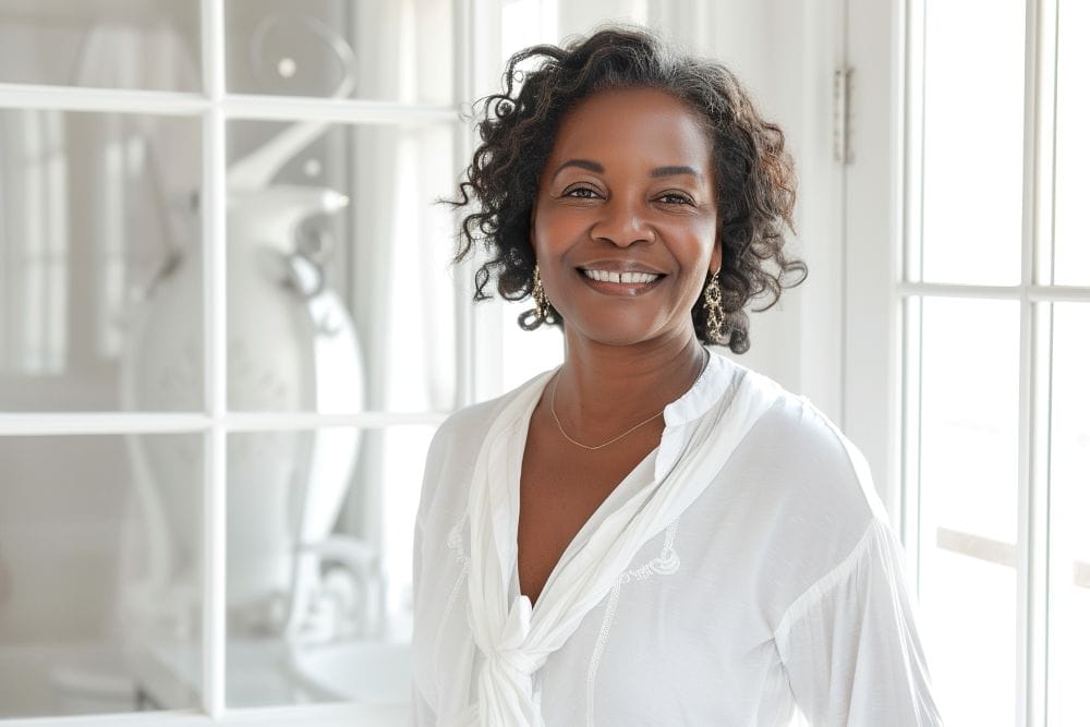 Older black woman in white. Serene.