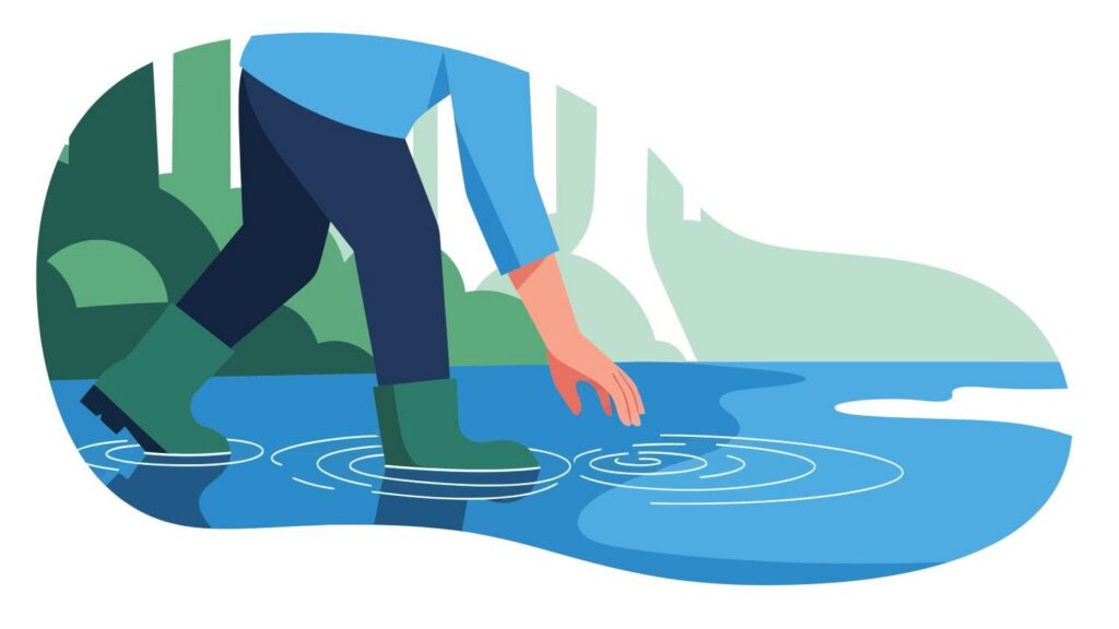 Illustration showing a person touching water and a ripple